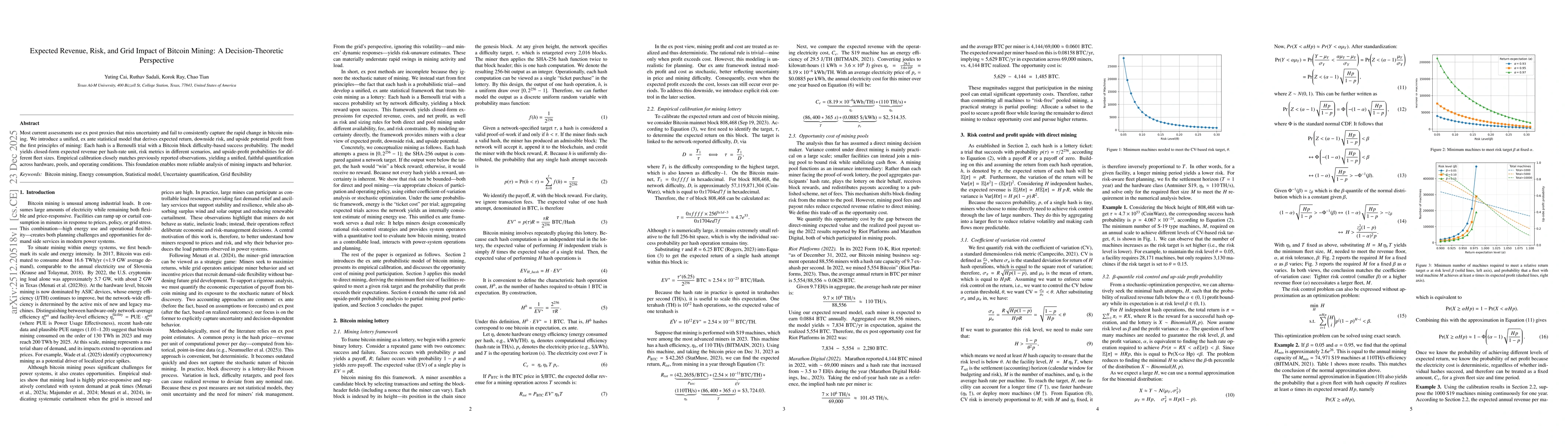 Thumbnail for Expected Revenue, Risk, and Grid Impact of Bitcoin Mining: A Decision-Theoretic Perspective