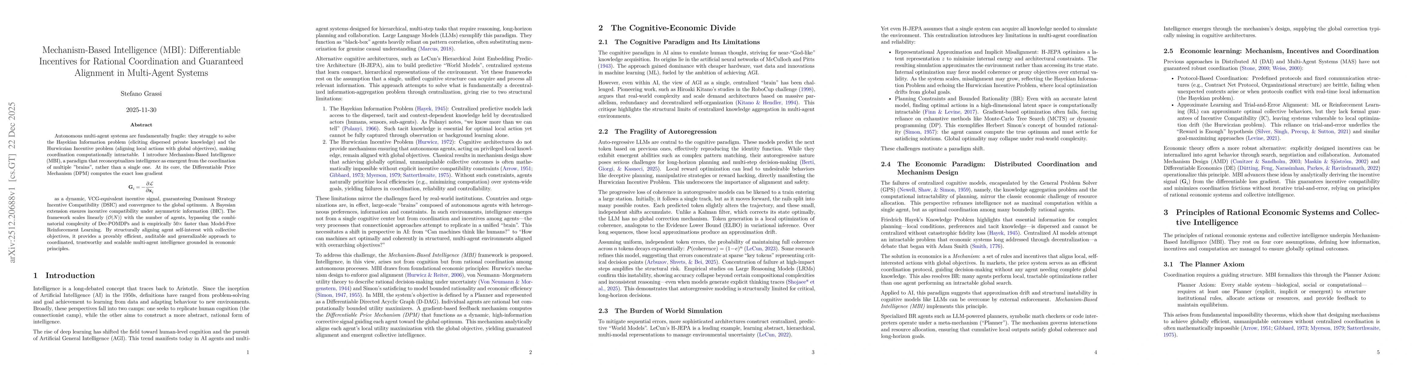 Thumbnail for Mechanism-Based Intelligence (MBI): Differentiable Incentives for Rational Coordination and Guaranteed Alignment in Multi-Agent Systems