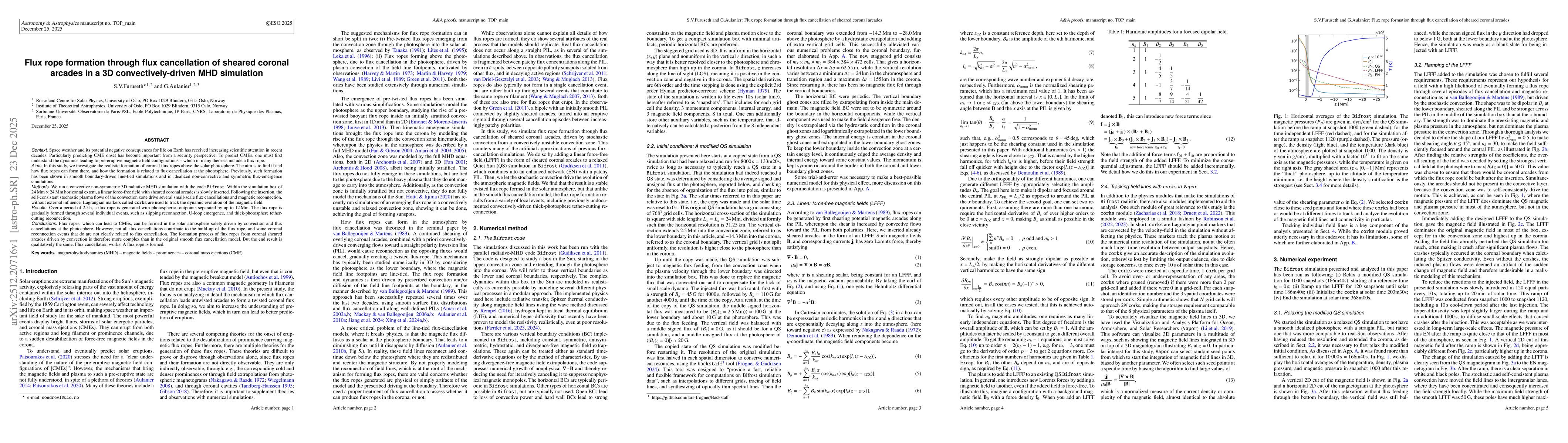Thumbnail for Flux rope formation through flux cancellation of sheared coronal arcades in a 3D convectively-driven MHD simulation