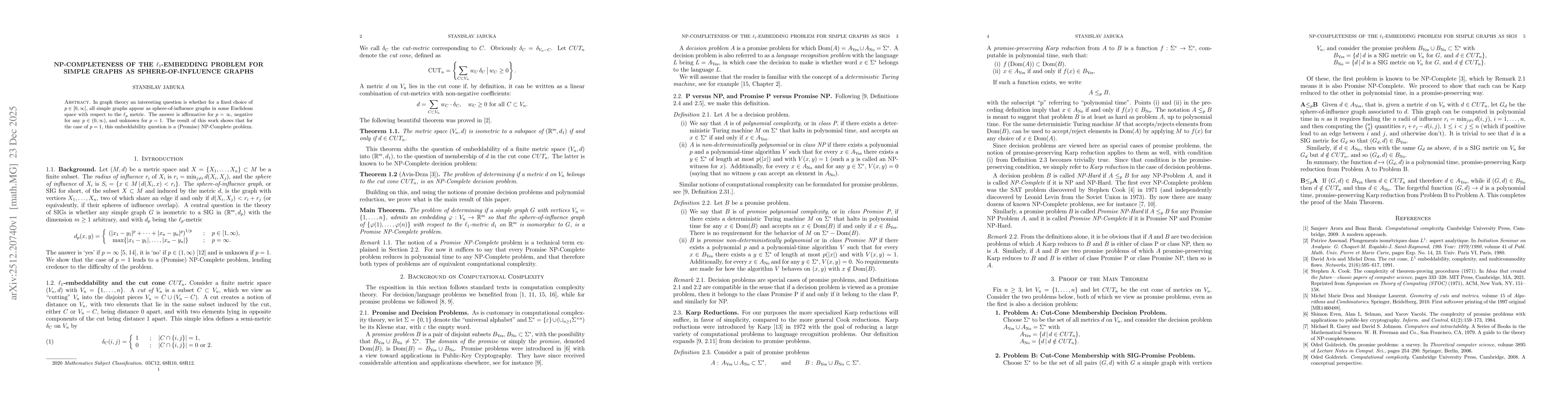 Thumbnail for NP-completeness of the $\ell_1$-embedding problem for simple graphs as sphere-of-influence graphs