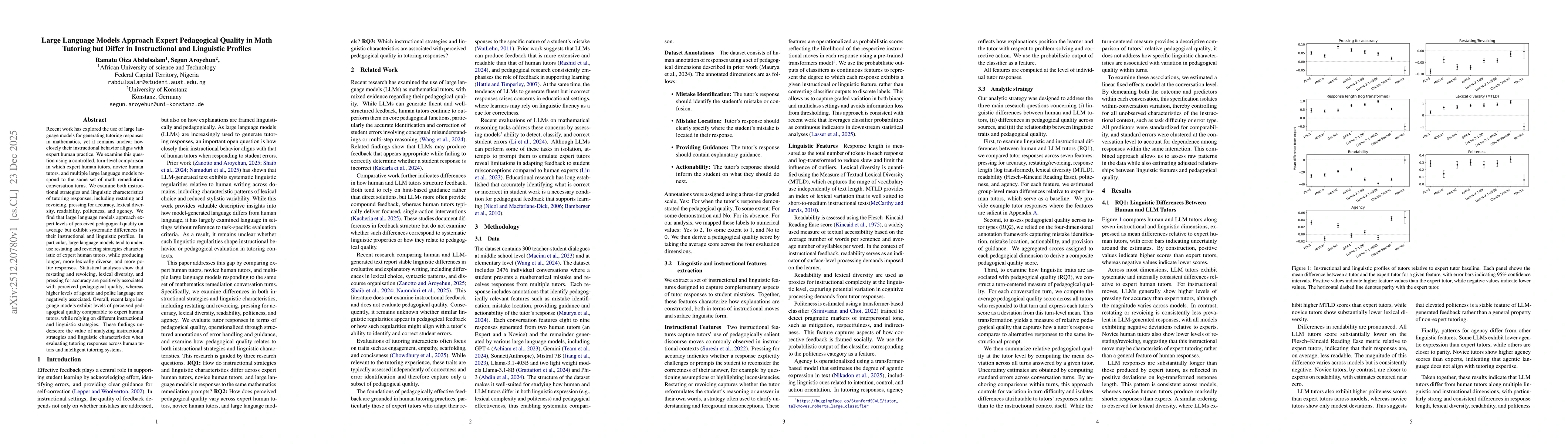 Thumbnail for Large Language Models Approach Expert Pedagogical Quality in Math Tutoring but Differ in Instructional and Linguistic Profiles