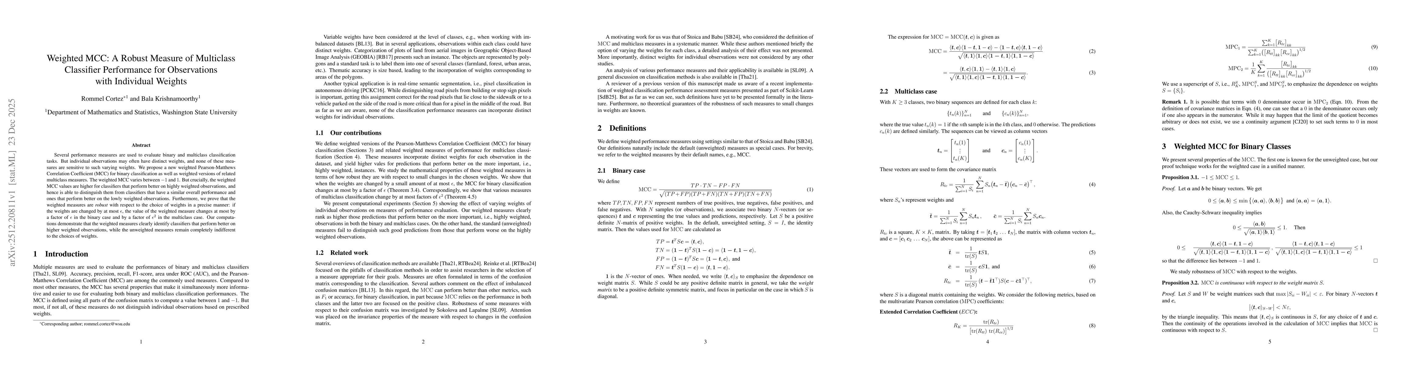Thumbnail for Weighted MCC: A Robust Measure of Multiclass Classifier Performance for Observations with Individual Weights