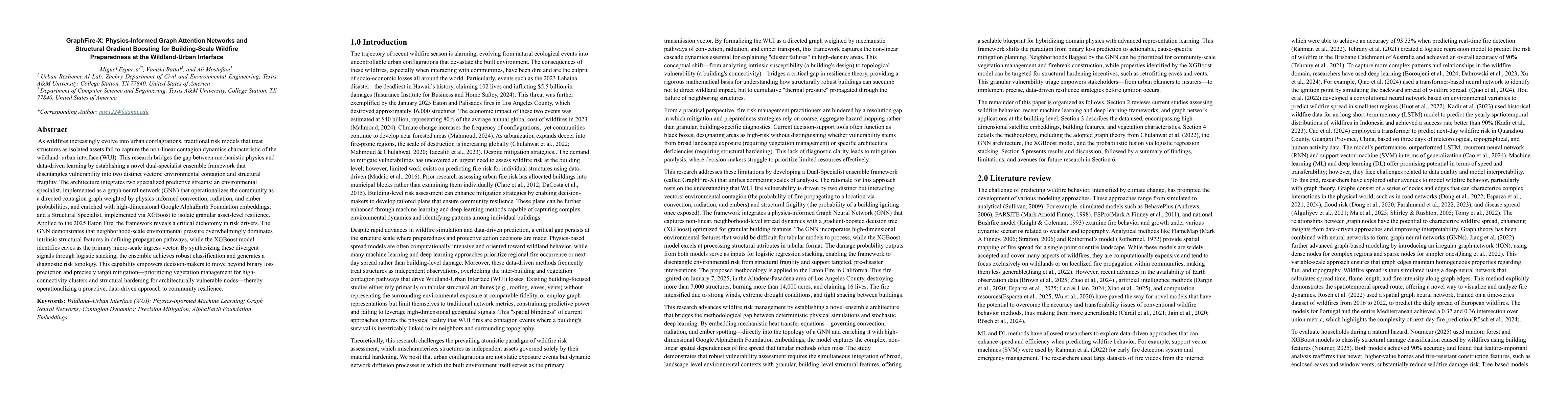 Thumbnail for GraphFire-X: Physics-Informed Graph Attention Networks and Structural Gradient Boosting for Building-Scale Wildfire Preparedness at the Wildland-Urban Interface