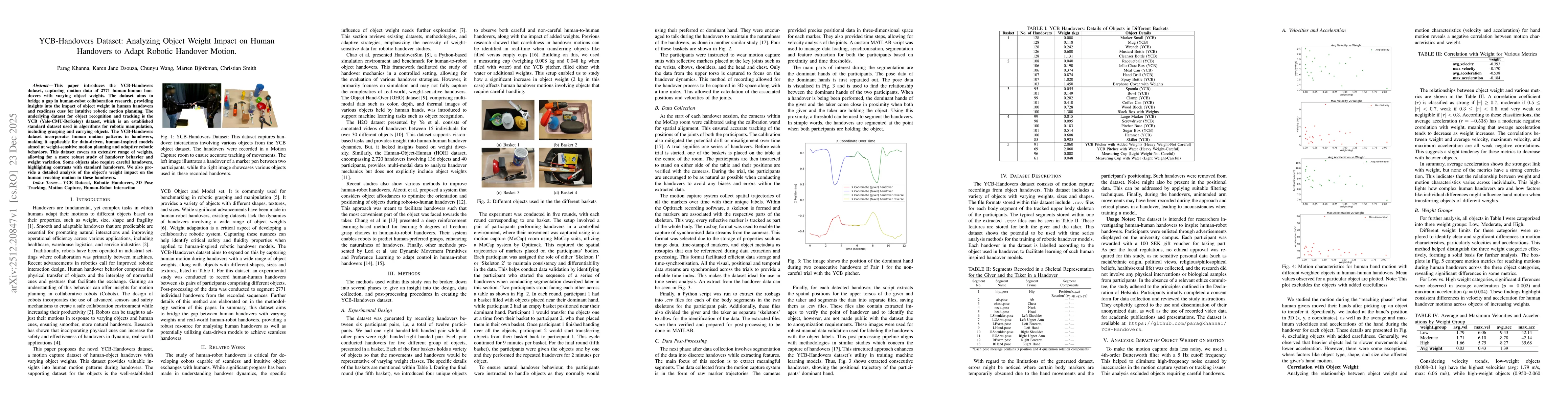 Thumbnail for YCB-Handovers Dataset: Analyzing Object Weight Impact on Human Handovers to Adapt Robotic Handover Motion