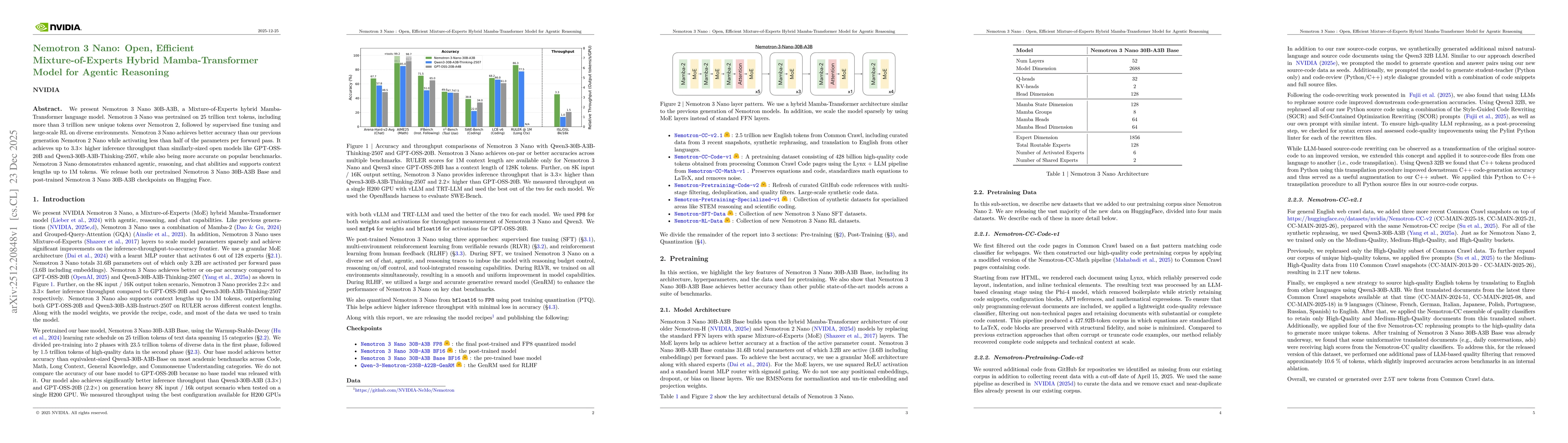 Thumbnail for Nemotron 3 Nano: Open, Efficient Mixture-of-Experts Hybrid Mamba-Transformer Model for Agentic Reasoning