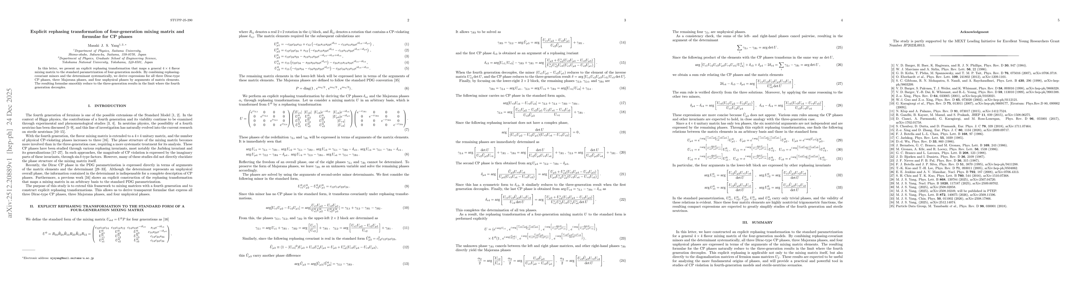 Thumbnail for Explicit rephasing transformation of four-generation mixing matrix and formulae for CP phases