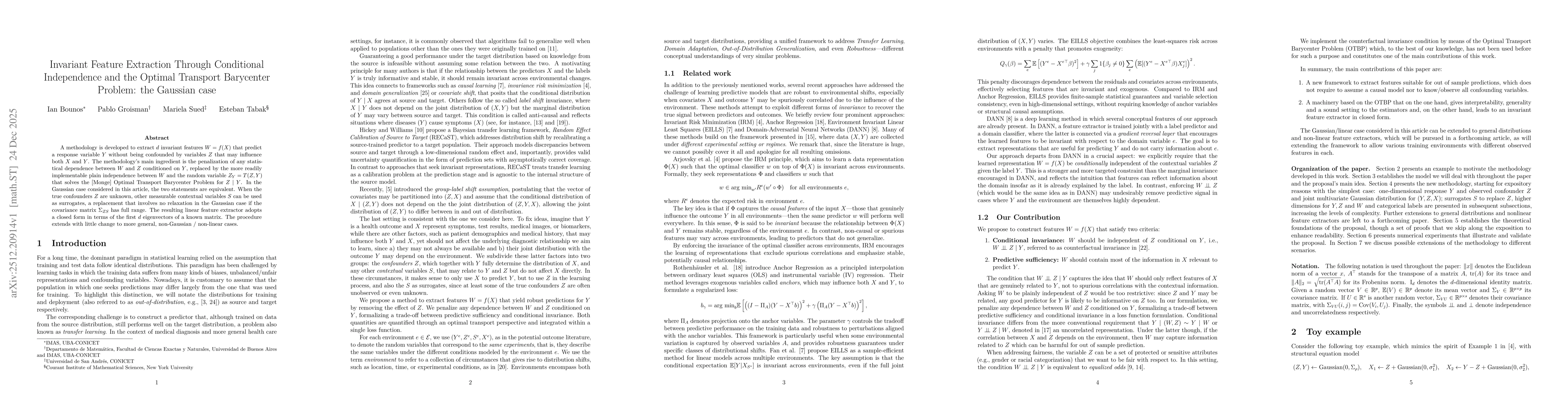 Thumbnail for Invariant Feature Extraction Through Conditional Independence and the Optimal Transport Barycenter Problem: the Gaussian case