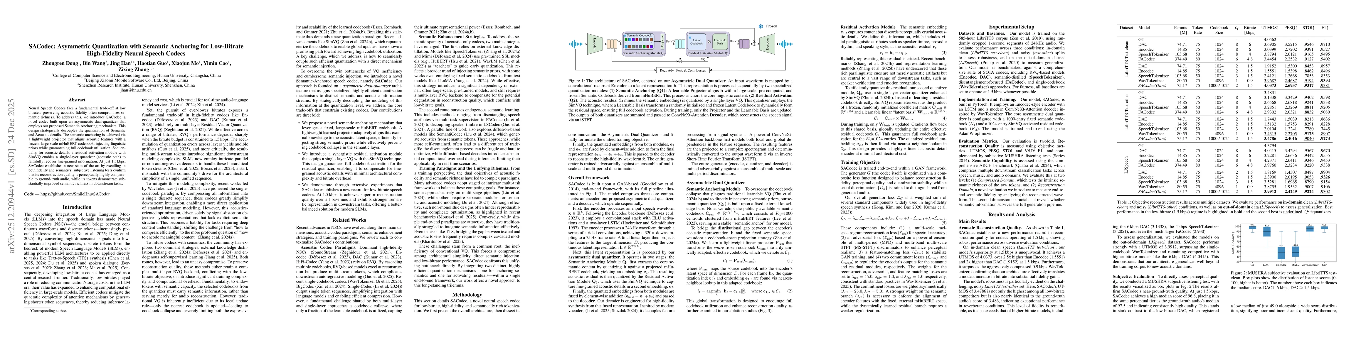 Thumbnail for SACodec: Asymmetric Quantization with Semantic Anchoring for Low-Bitrate High-Fidelity Neural Speech Codecs