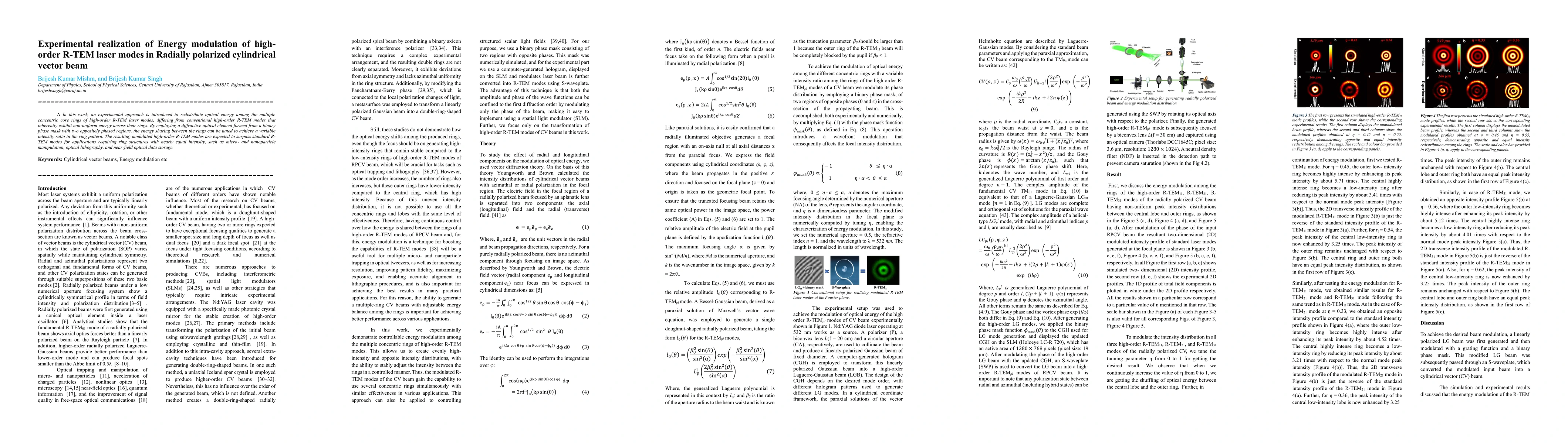 Thumbnail for Experimental realization of Energy modulation of high-order R-TEM laser modes in Radially polarized cylindrical vector beam