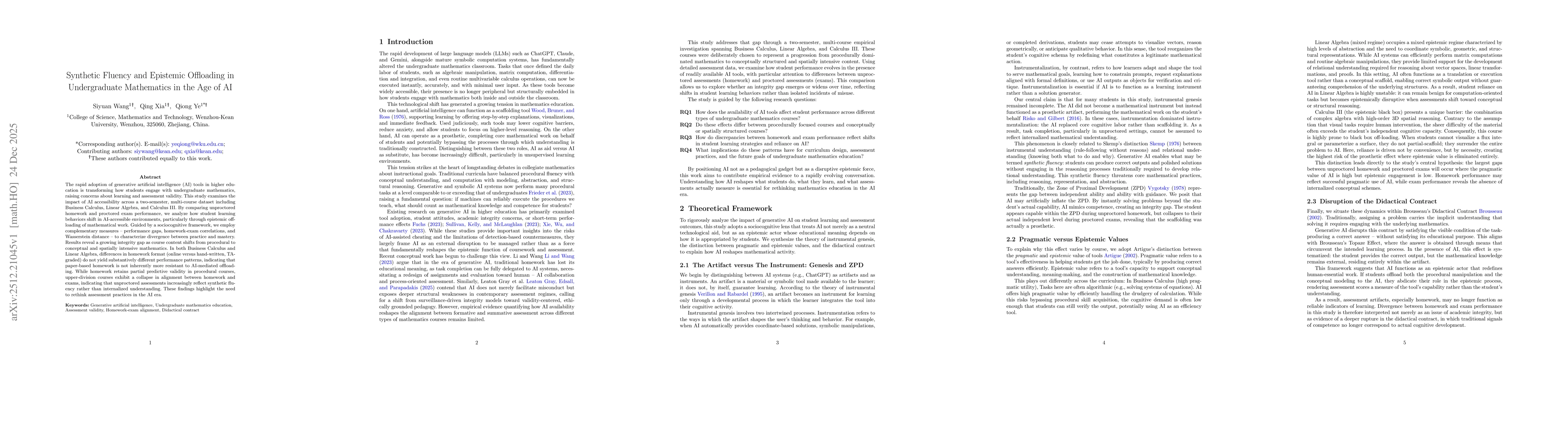 Thumbnail for Synthetic Fluency and Epistemic Offloading in Undergraduate Mathematics in the Age of AI