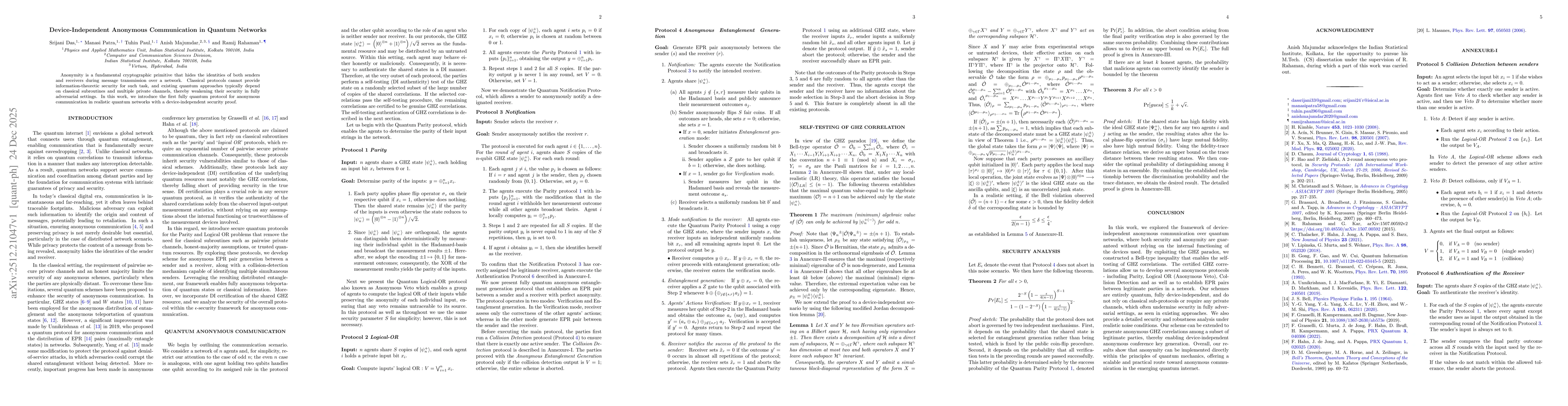 Thumbnail for Device-Independent Anonymous Communication in Quantum Networks