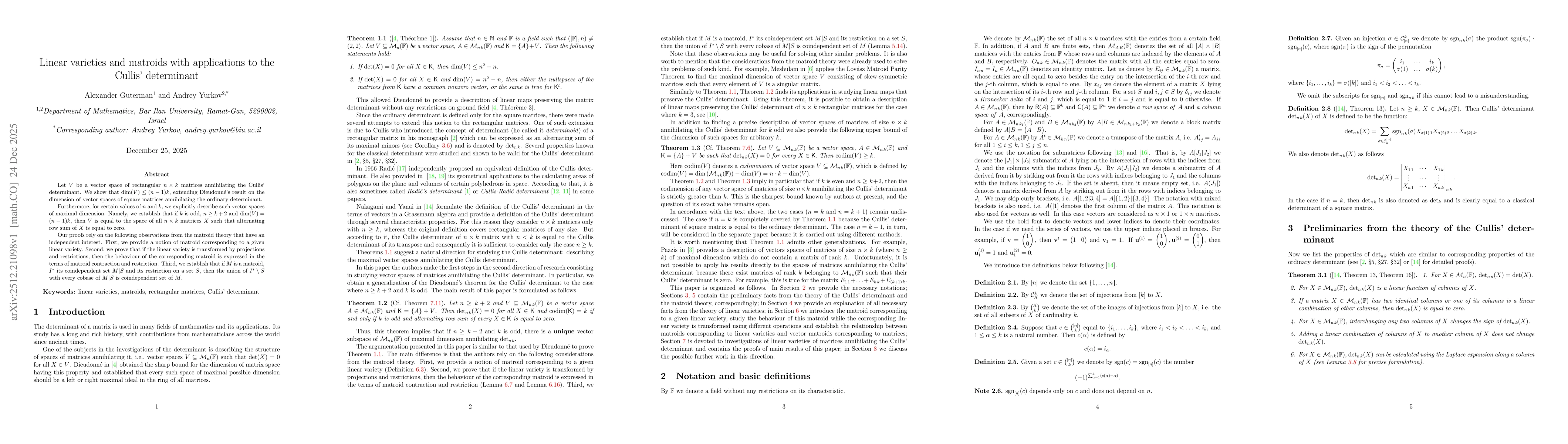 Thumbnail for Linear varieties and matroids with applications to the Cullis' determinant
