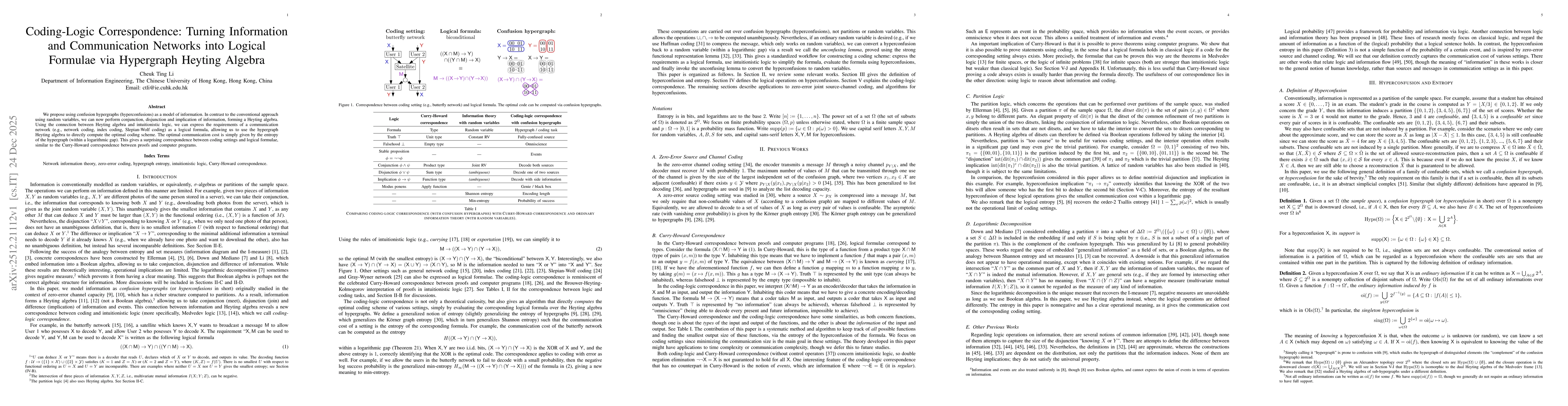 Thumbnail for Coding-Logic Correspondence: Turning Information and Communication Networks into Logical Formulae via Hypergraph Heyting Algebra