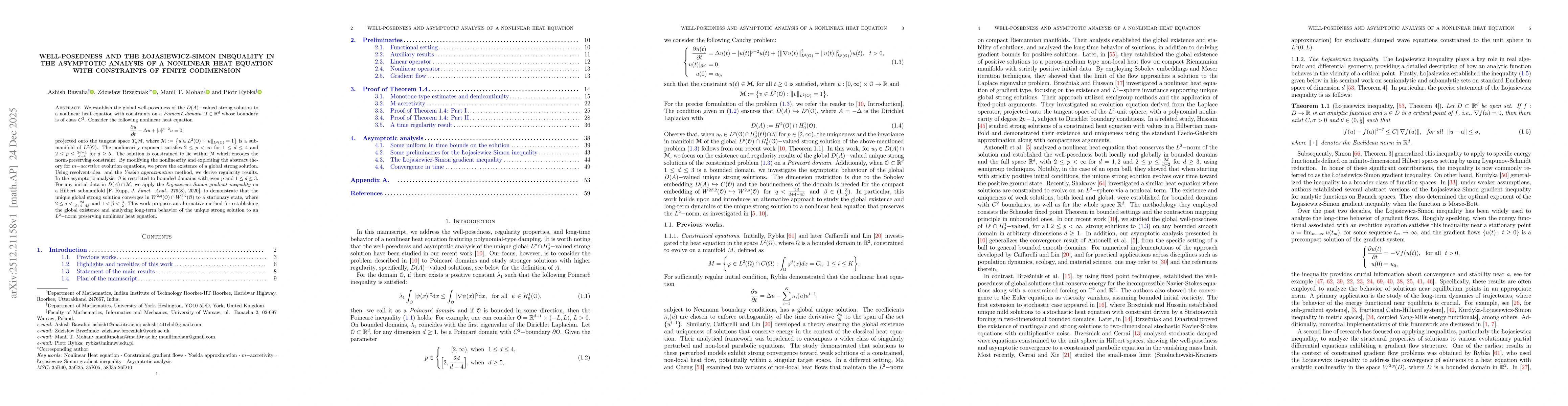 Thumbnail for Well-posedness and the Łojasiewicz-Simon inequality in the asymptotic analysis of a nonlinear heat equation with constraints of finite codimension