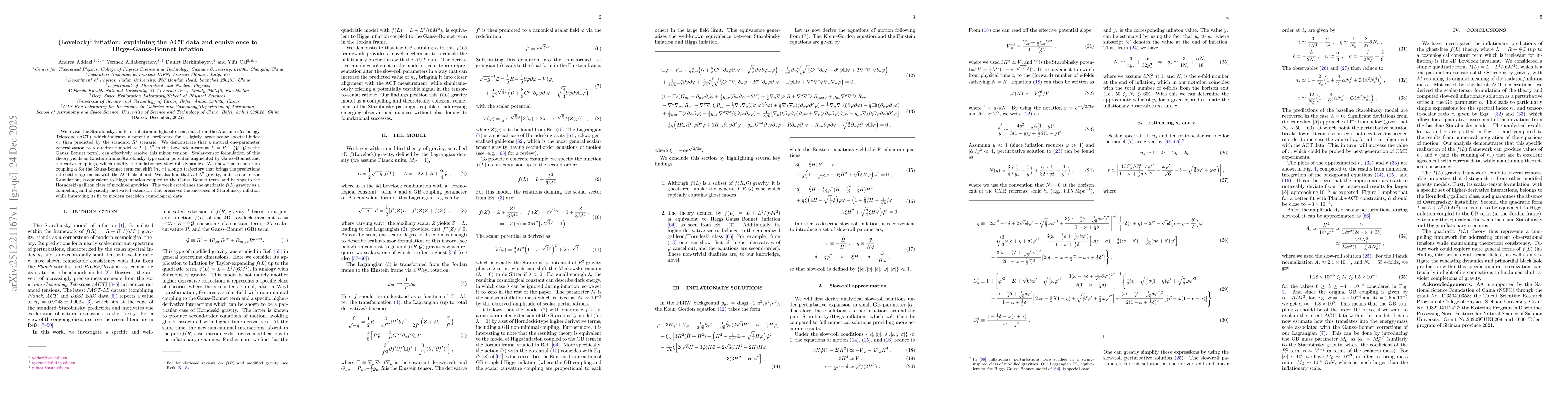 Thumbnail for (Lovelock)$^2$ inflation: explaining the ACT data and equivalence to Higgs-Gauss-Bonnet inflation