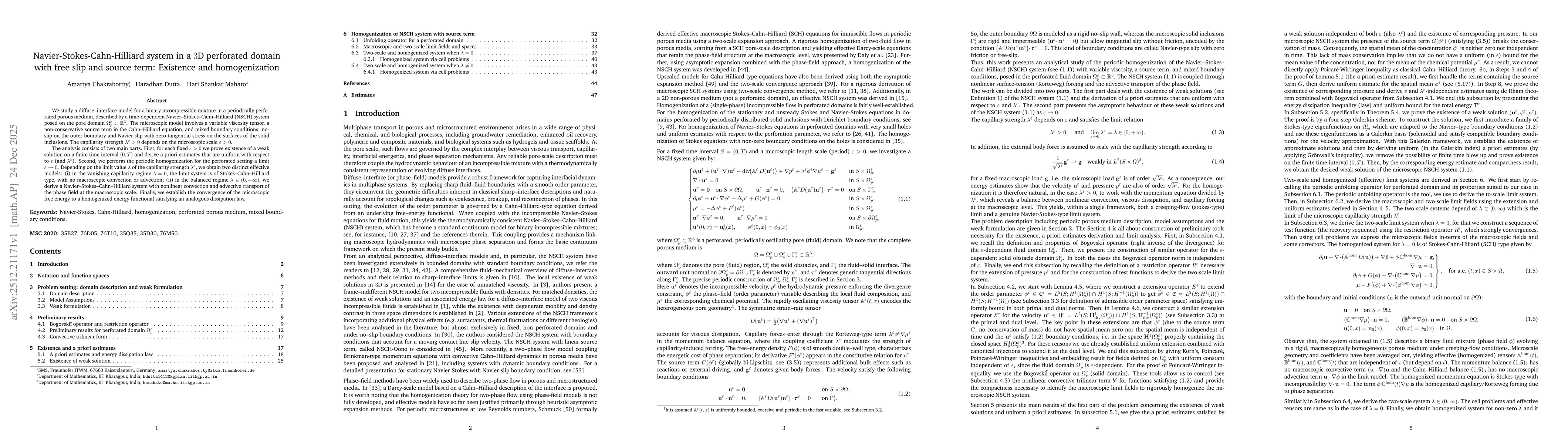 Thumbnail for Navier-Stokes-Cahn-Hilliard system in a $3$D perforated domain with free slip and source term: Existence and homogenization