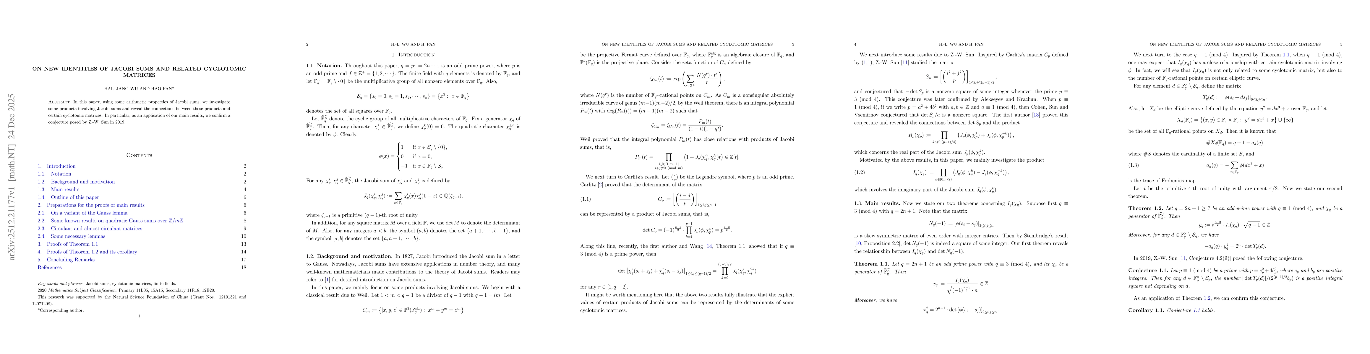 Thumbnail for On new identities of Jacobi sums and related cyclotomic matrices