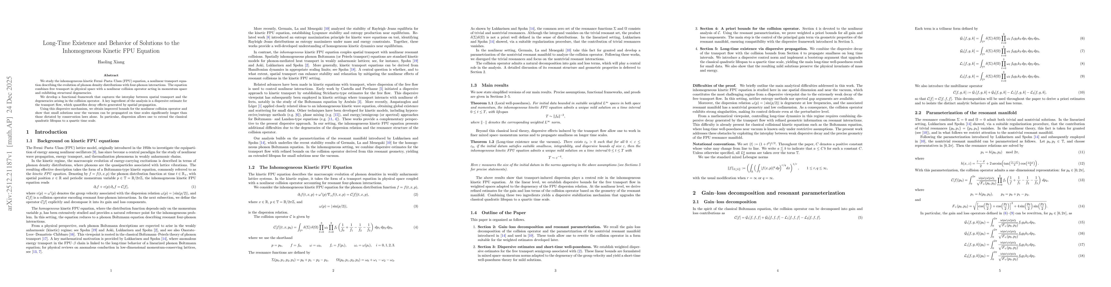 Thumbnail for Long-Time Existence and Behavior of Solutions to the Inhomogeneous Kinetic FPU Equation