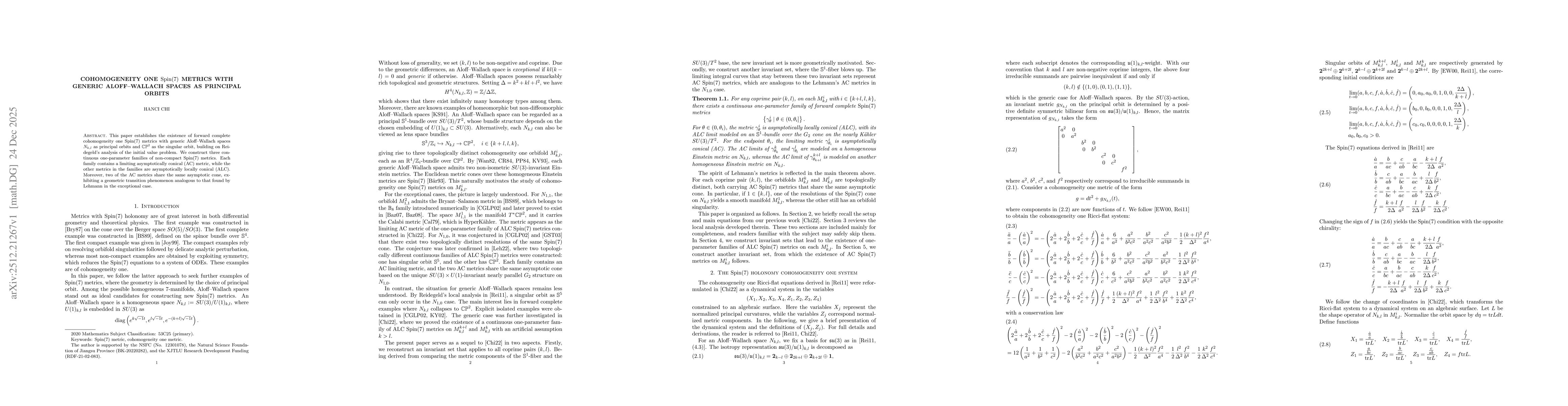 Thumbnail for Cohomogeneity one $\mathrm{Spin}(7)$ metrics with generic Aloff--Wallach spaces as principal orbits