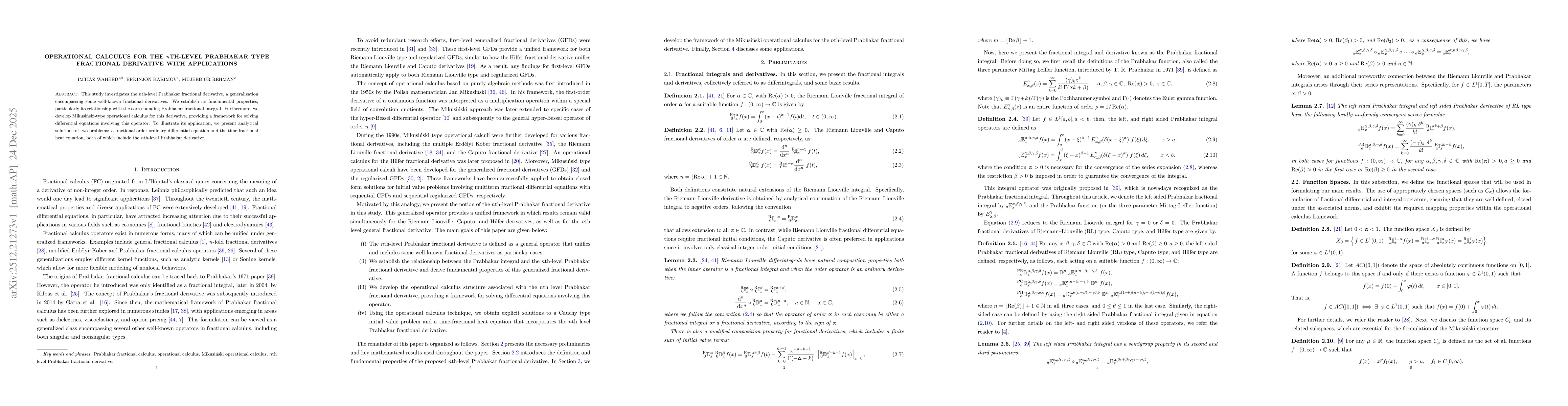 Thumbnail for Operational Calculus for the nth-Level Prabhakar Type Fractional Derivative with Applications