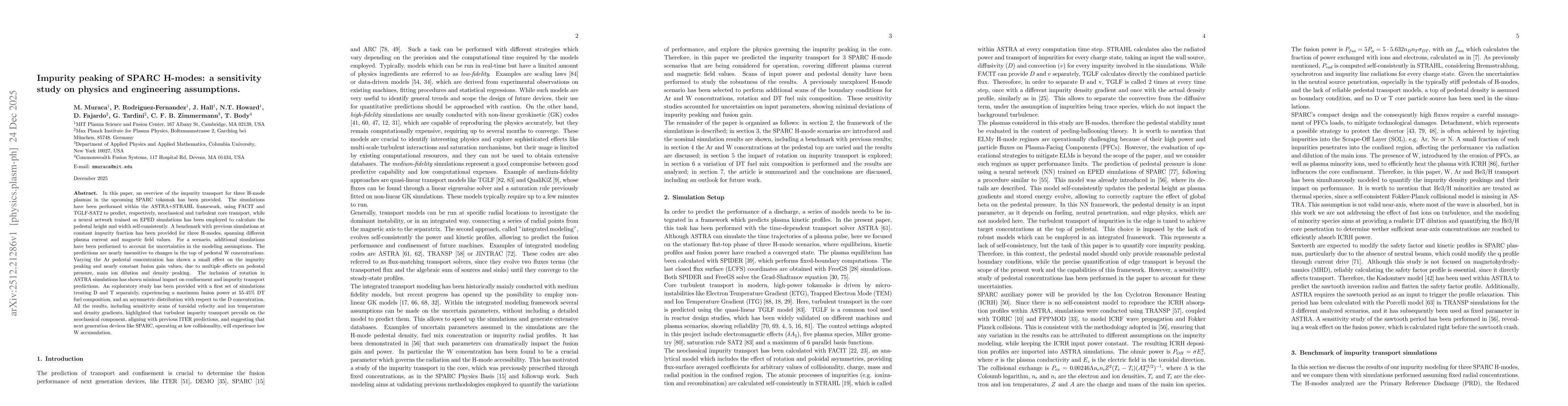 Thumbnail for Impurity peaking of SPARC H-modes: a sensitivity study on physics and engineering assumptions