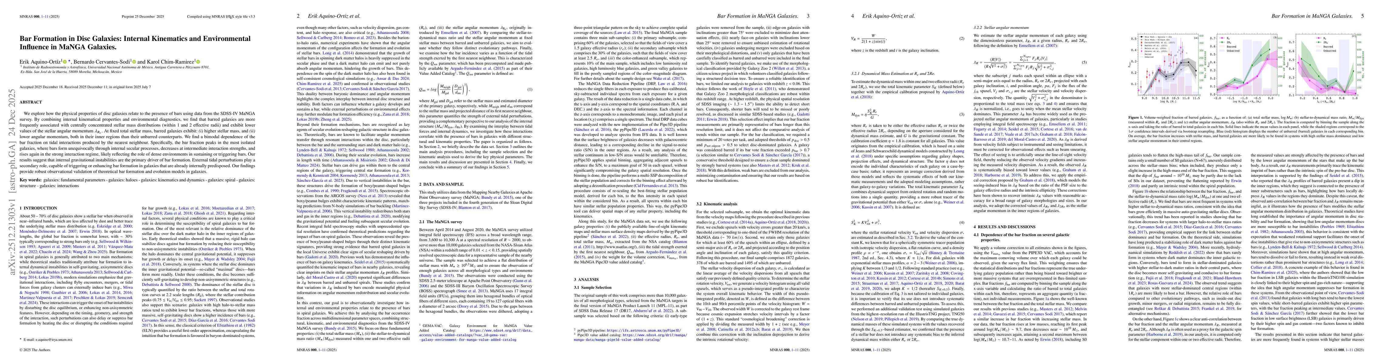 Thumbnail for Bar Formation in Disc Galaxies: Internal Kinematics and Environmental Influence in MaNGA Galaxies
