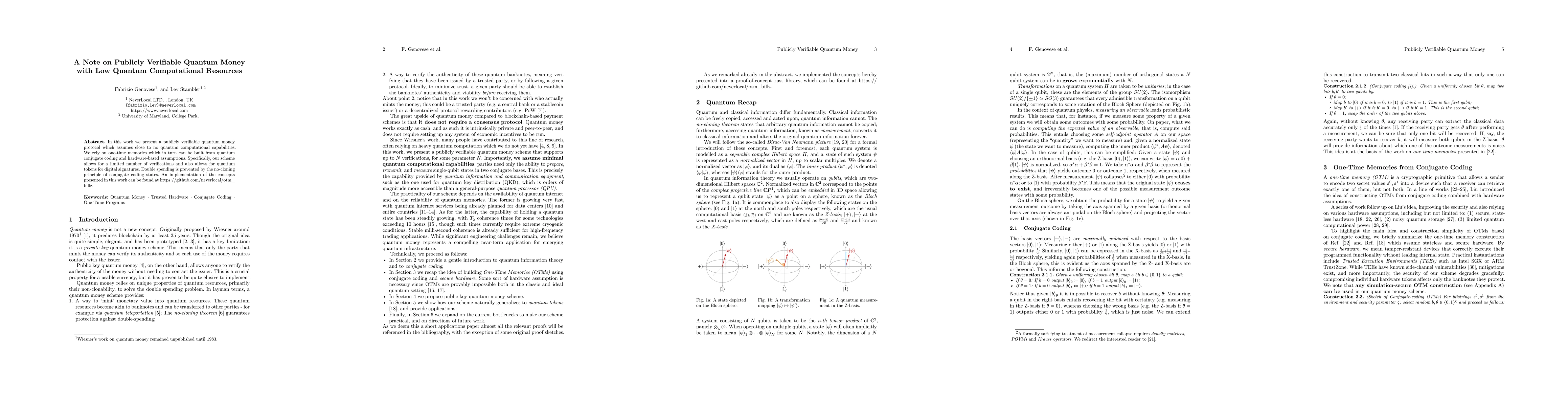 Thumbnail for A Note on Publicly Verifiable Quantum Money with Low Quantum Computational Resources