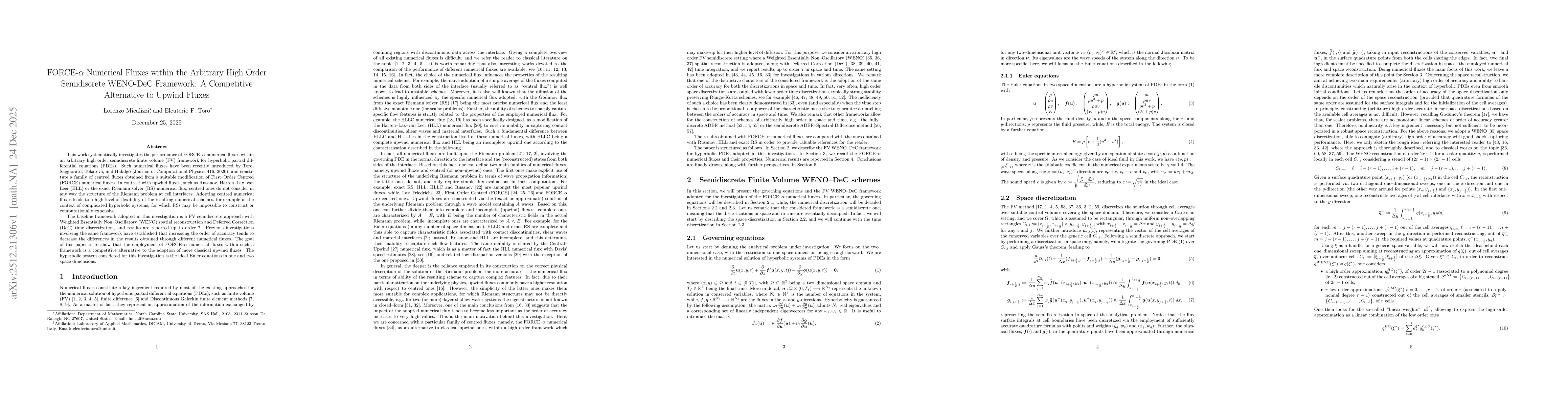Thumbnail for FORCE-$α$ Numerical Fluxes within the Arbitrary High Order Semidiscrete WENO-DeC Framework: A Competitive Alternative to Upwind Fluxes