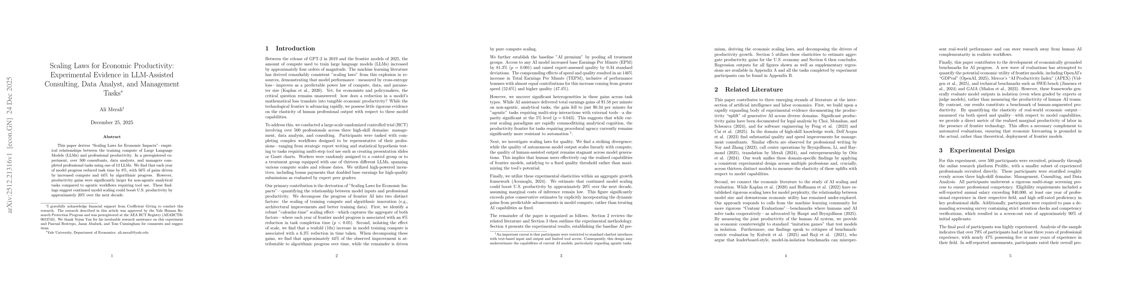 Thumbnail for Scaling Laws for Economic Productivity: Experimental Evidence in LLM-Assisted Consulting, Data Analyst, and Management Tasks