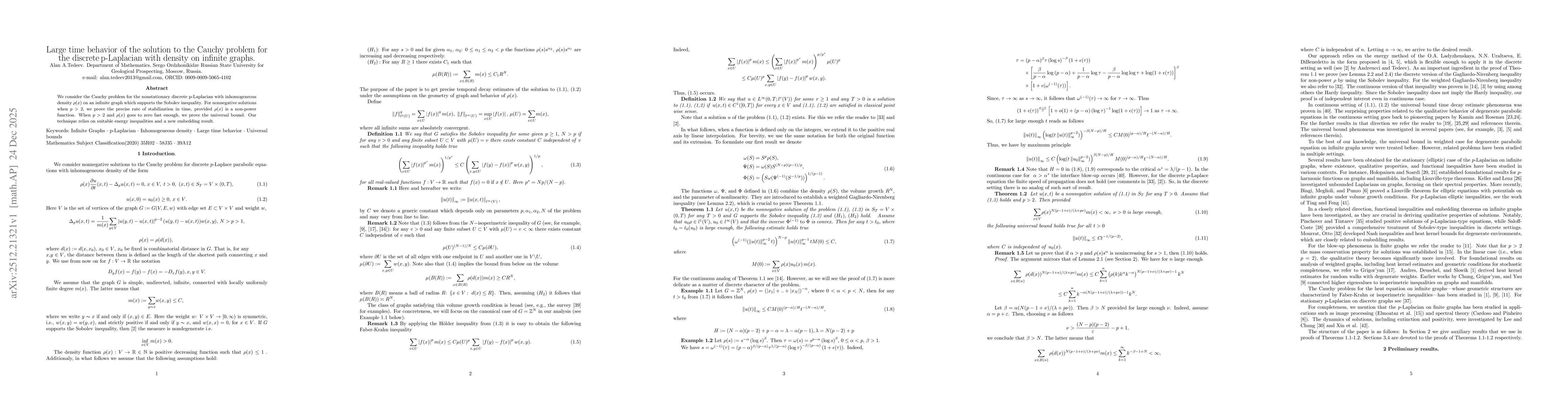 Thumbnail for Large time behavior of the solution to the Cauchy problem for the discrete p-Laplacian with density on infinite graphs