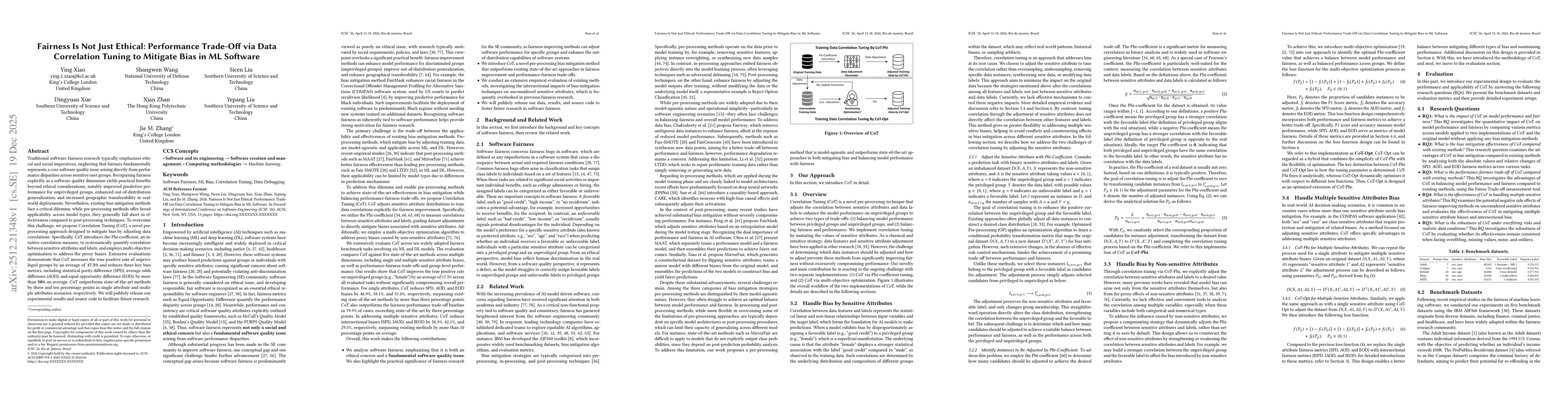 Thumbnail for Fairness Is Not Just Ethical: Performance Trade-Off via Data Correlation Tuning to Mitigate Bias in ML Software
