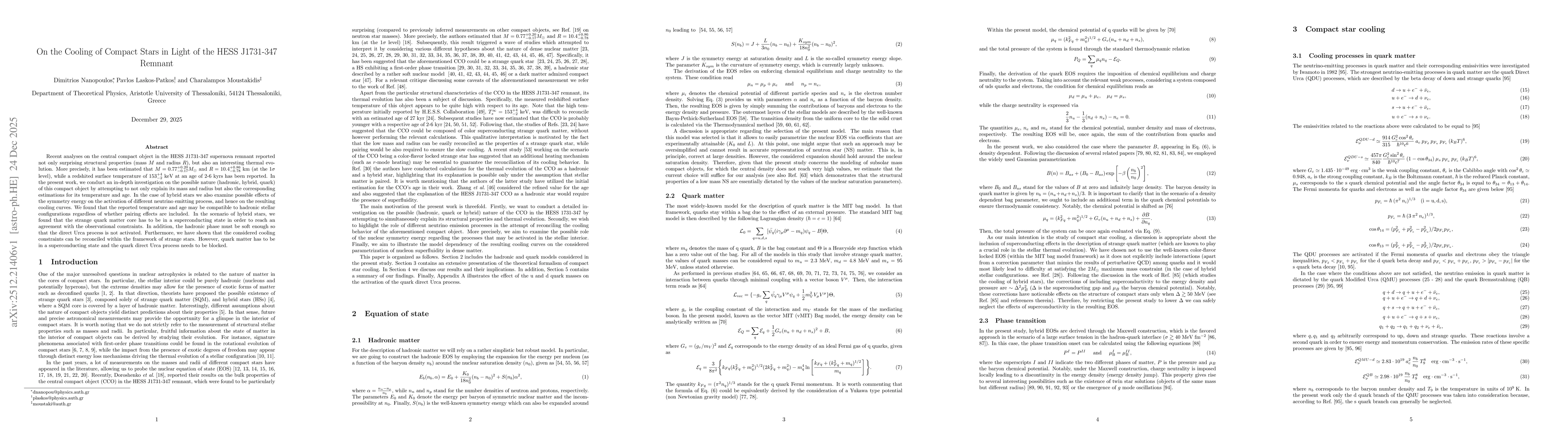Thumbnail for On the Cooling of Compact Stars in Light of the HESS J1731-347 Remnant