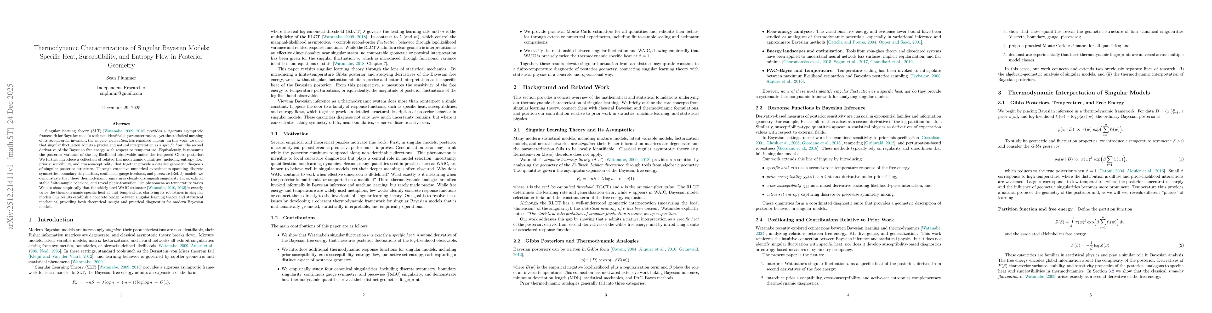 Thumbnail for Thermodynamic Characterizations of Singular Bayesian Models: Specific Heat, Susceptibility, and Entropy Flow in Posterior Geometry