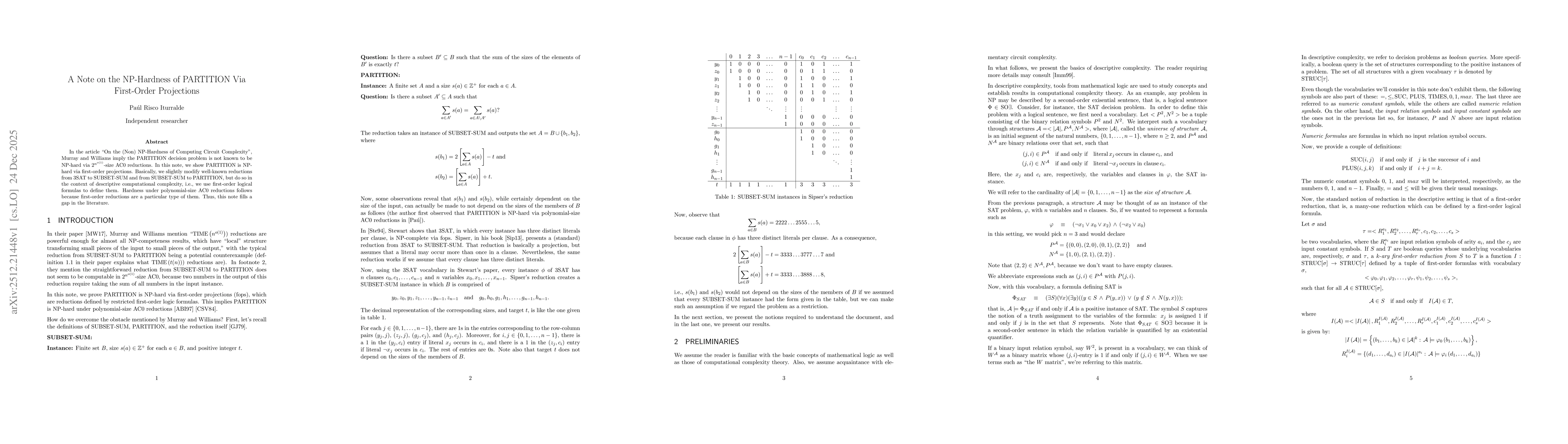 Thumbnail for A Note on the NP-Hardness of PARTITION Via First-Order Projections