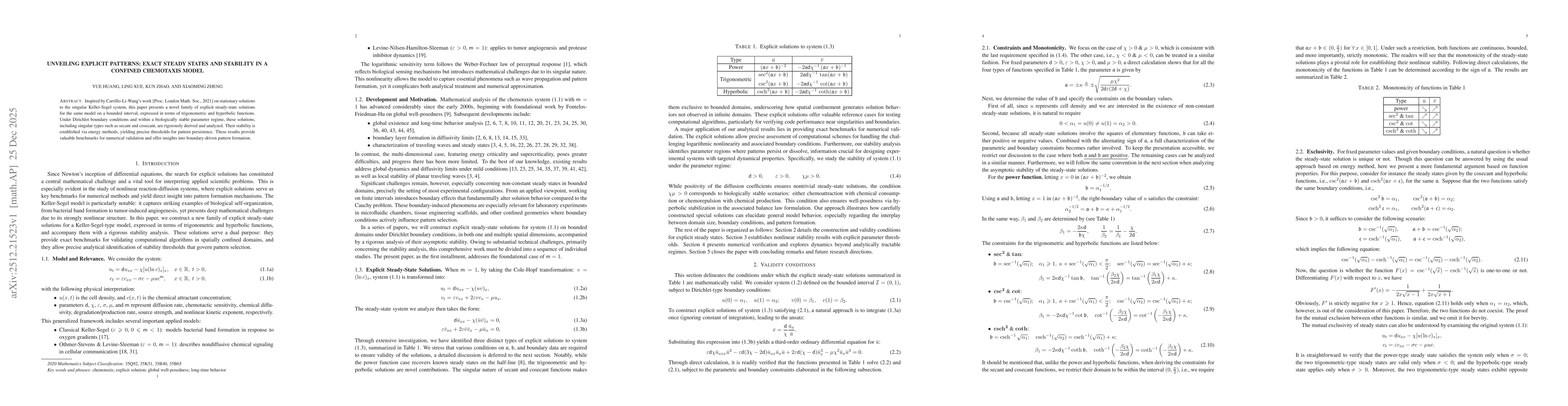 Thumbnail for Unveiling Explicit Patterns: Exact Steady States and Stability in a Confined Chemotaxis Model