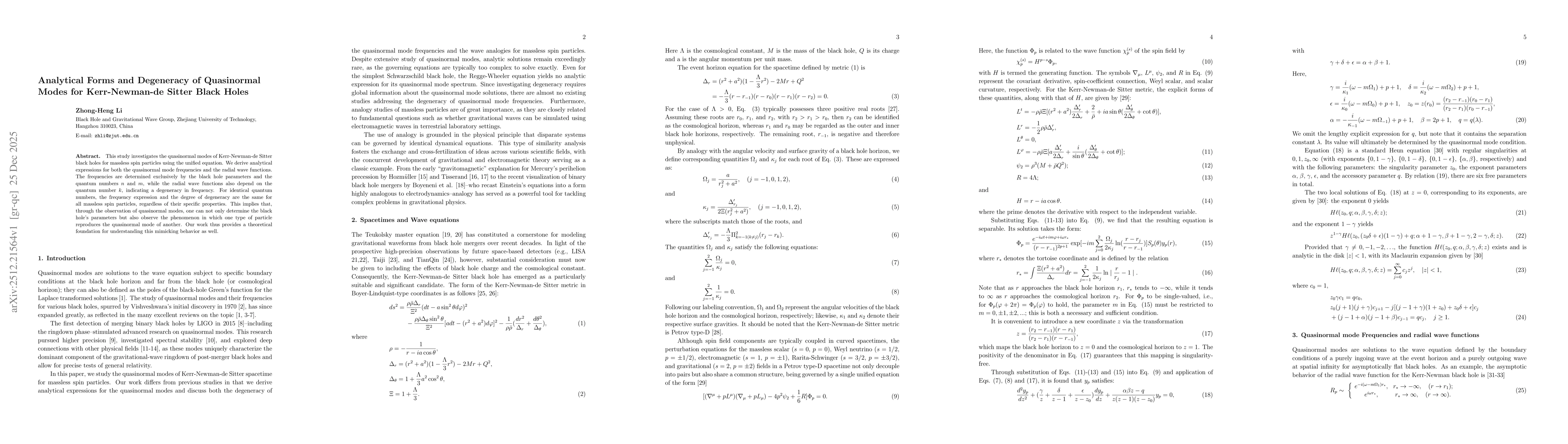 Thumbnail for Analytical Forms and Degeneracy of Quasinormal Modes for Kerr-Newman-de Sitter Black Holes