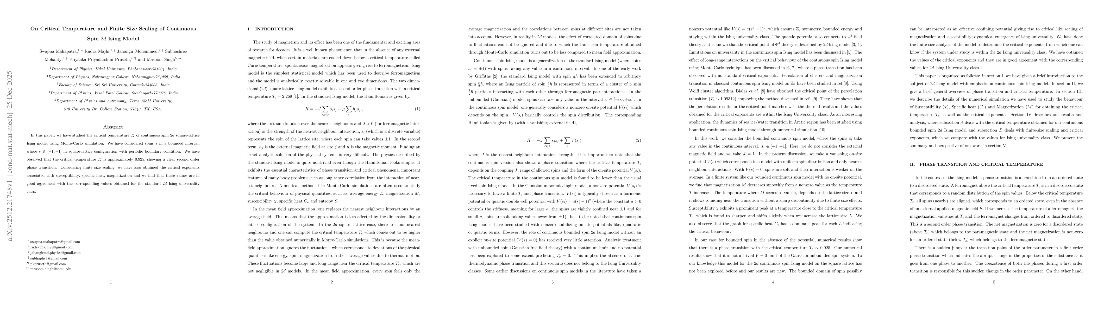 Thumbnail for On Critical Temperature and Finite Size Scaling of Continuous Spin $2d$ Ising Model