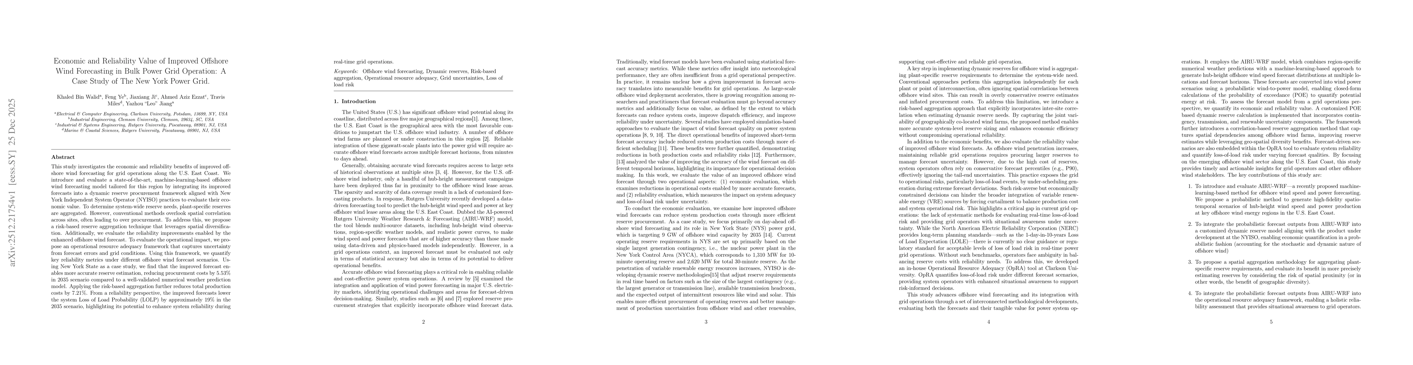 Thumbnail for Economic and Reliability Value of Improved Offshore Wind Forecasting in Bulk Power Grid Operation: A Case Study of The New York Power Grid