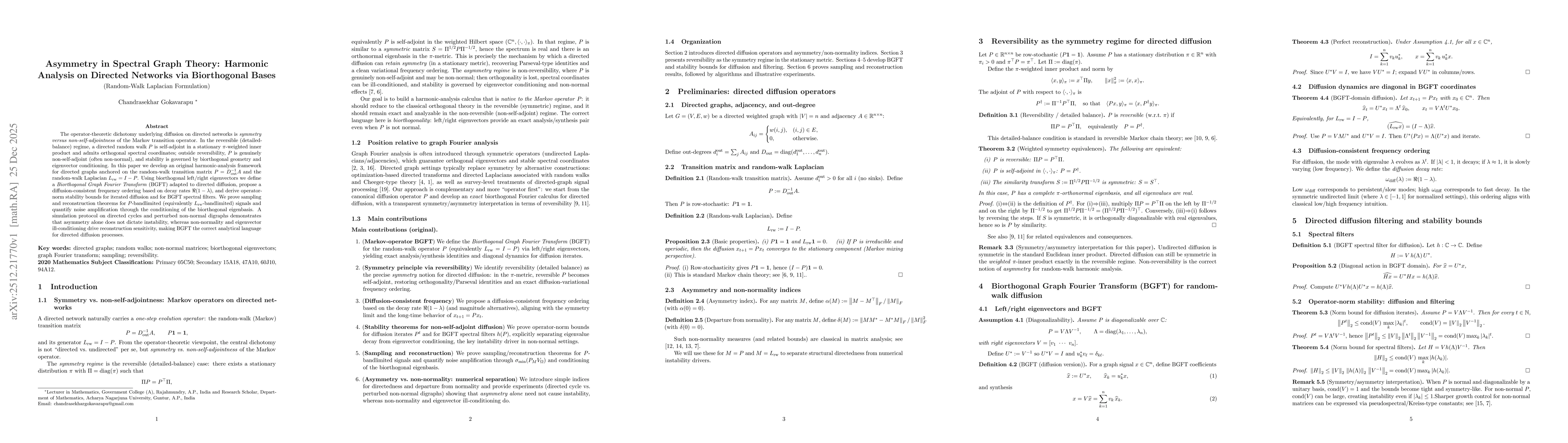 Thumbnail for Asymmetry in Spectral Graph Theory: Harmonic Analysis on Directed Networks via Biorthogonal Bases (Random-Walk Laplacian Formulation)