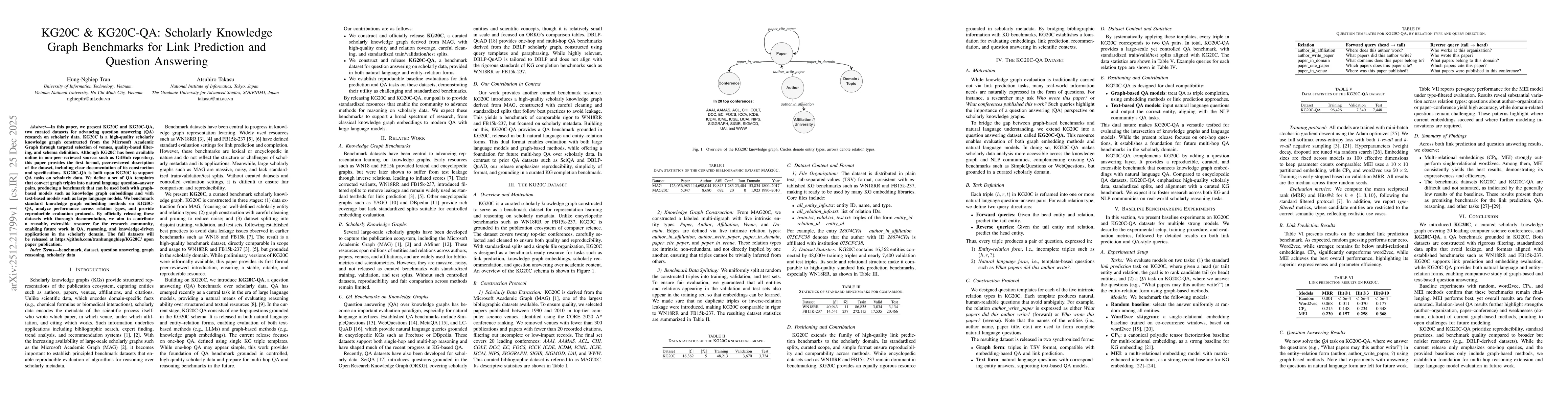 Thumbnail for KG20C & KG20C-QA: Scholarly Knowledge Graph Benchmarks for Link Prediction and Question Answering