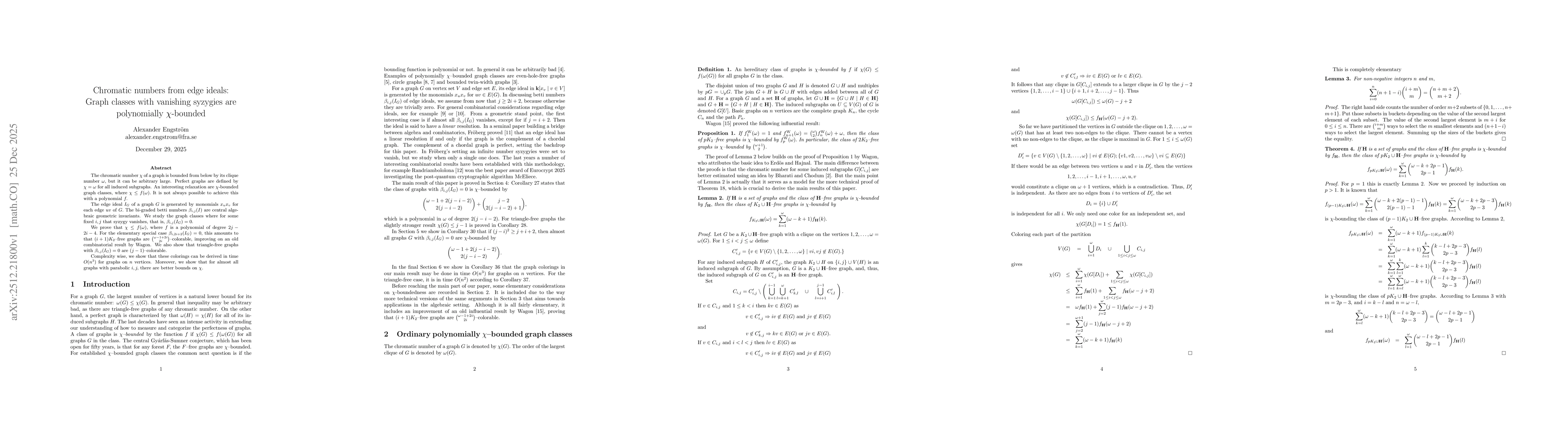 Thumbnail for Chromatic numbers from edge ideals: Graph classes with vanishing syzygies are polynomially $χ$-bounded