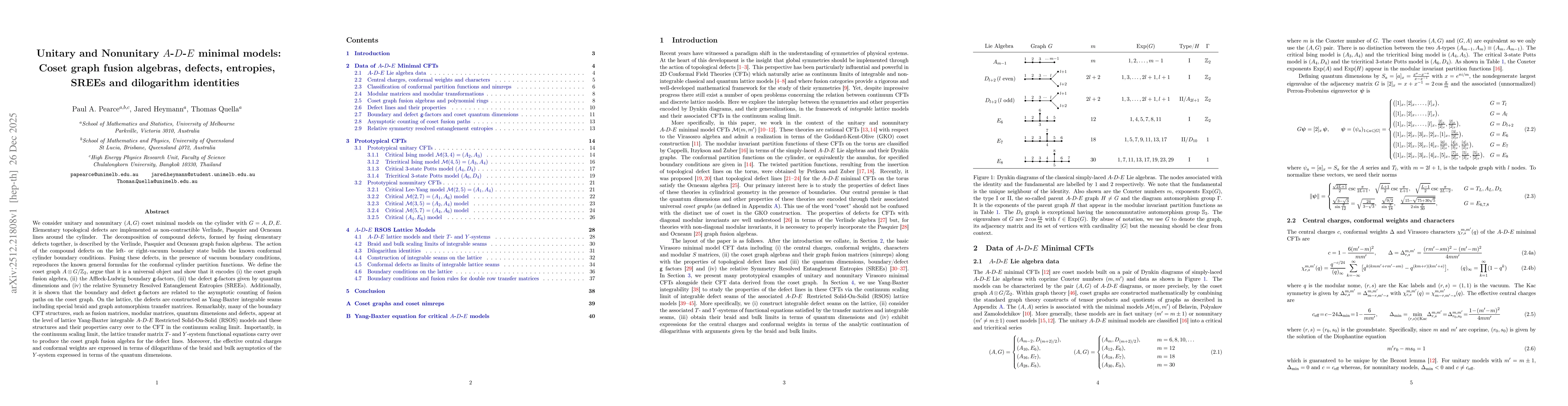 Thumbnail for Unitary and Nonunitary A-D-E minimal models: Coset graph fusion algebras, defects, entropies, SREEs and dilogarithm identities