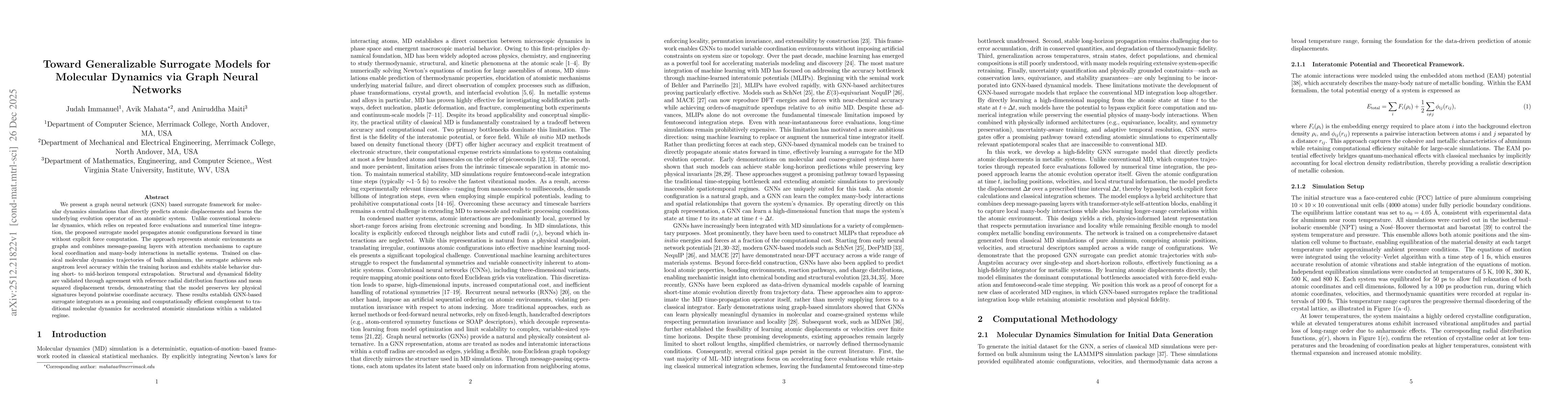 Thumbnail for Toward Generalizable Surrogate Models for Molecular Dynamics via Graph Neural Networks