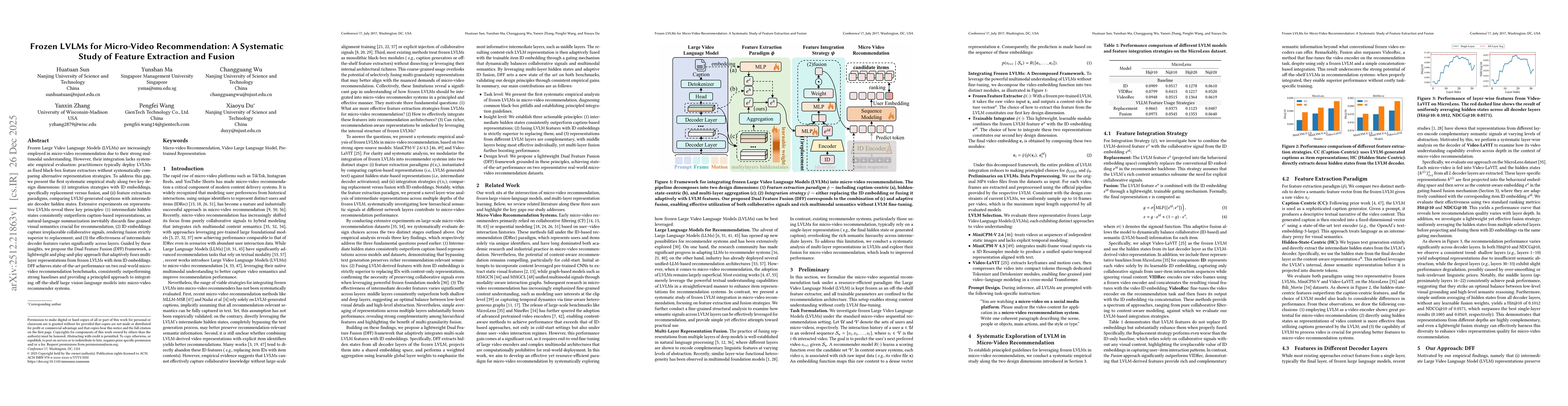 Thumbnail for Frozen LVLMs for Micro-Video Recommendation: A Systematic Study of Feature Extraction and Fusion