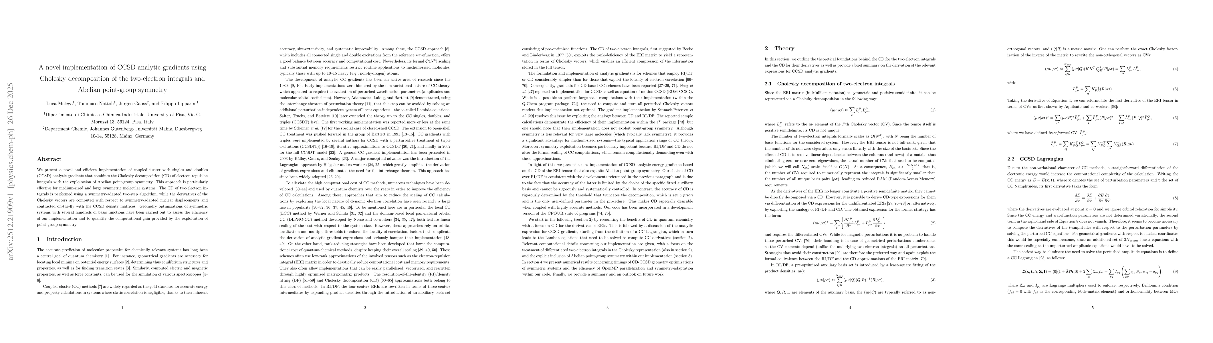 Thumbnail for A novel implementation of CCSD analytic gradients using Cholesky decomposition of the two-electron integrals and Abelian point-group symmetry