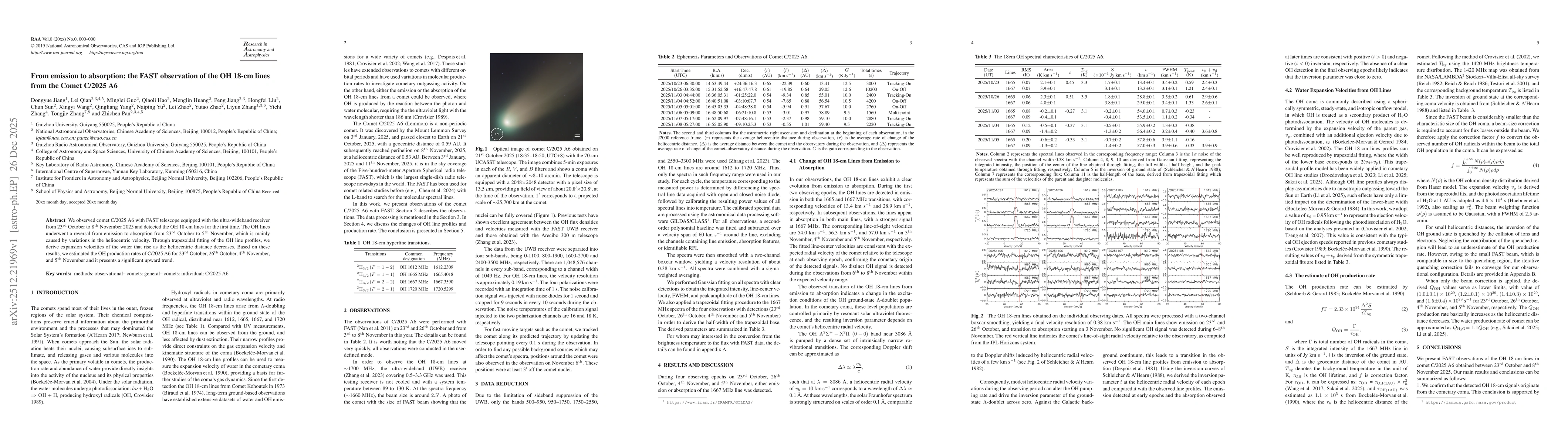 Thumbnail for From emission to absorption: the FAST observation of the OH 18-cm lines from the Comet C2025/A6
