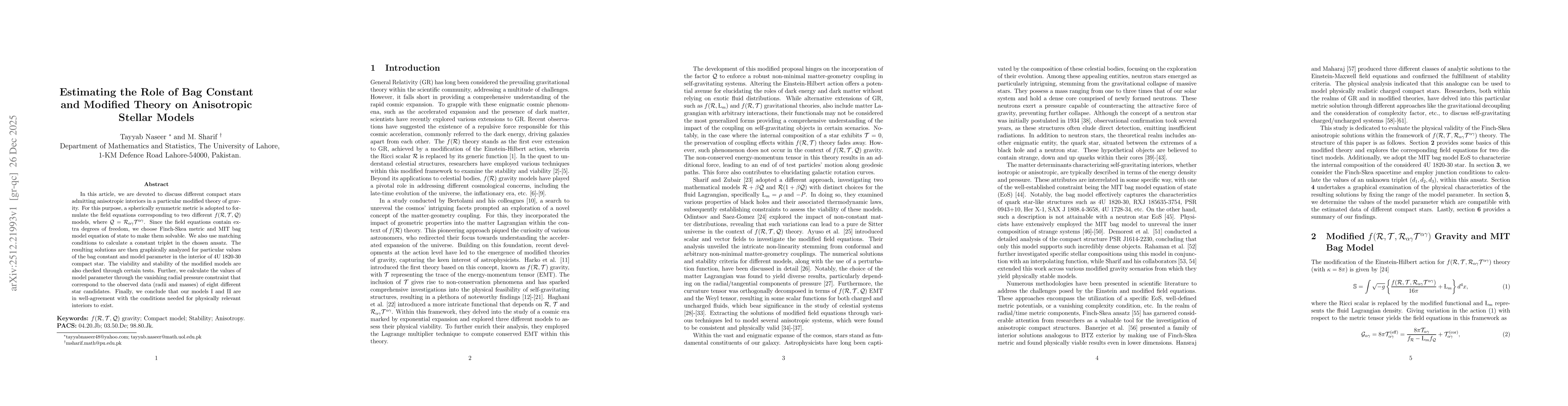 Thumbnail for Estimating the Role of Bag Constant and Modified Theory on Anisotropic Stellar Models