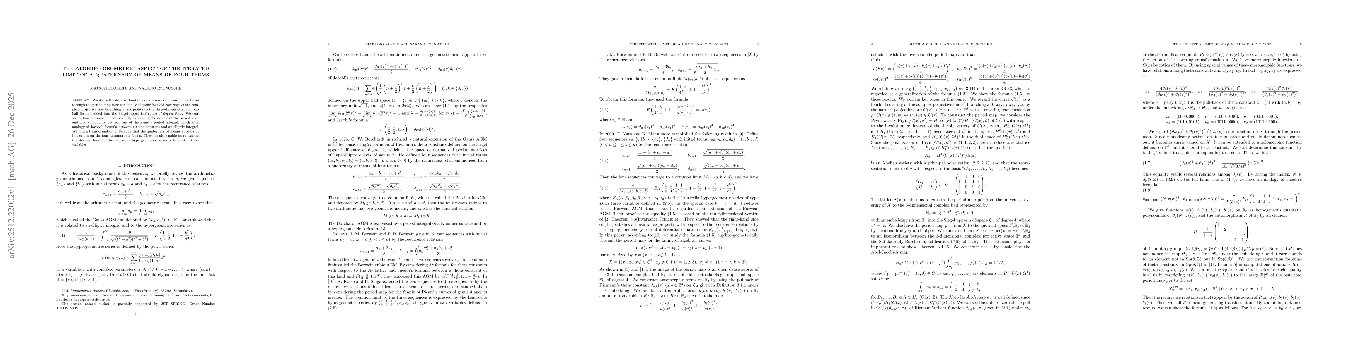 Thumbnail for The algebro-geometric aspect of the iterated limit of a quaternary of means of four terms