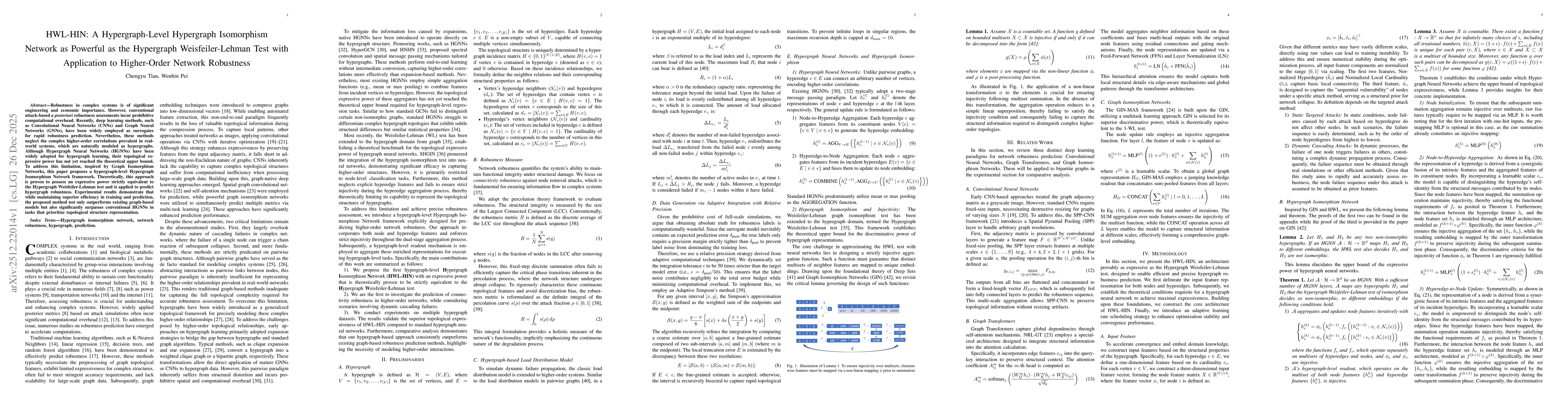 Thumbnail for HWL-HIN: A Hypergraph-Level Hypergraph Isomorphism Network as Powerful as the Hypergraph Weisfeiler-Lehman Test with Application to Higher-Order Network Robustness