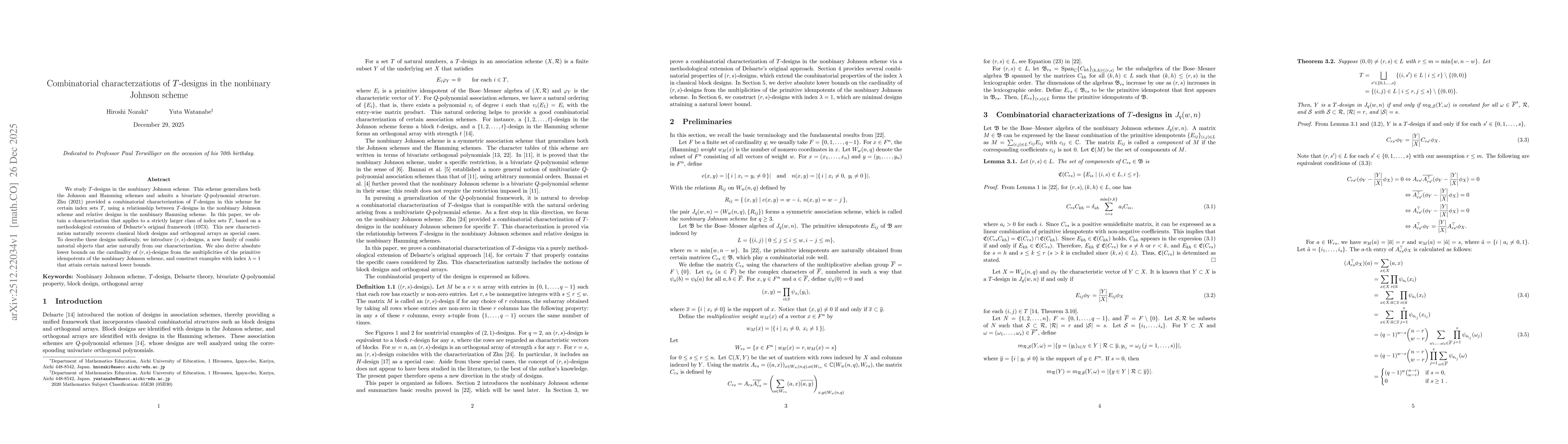 Thumbnail for Combinatorial characterzations of $T$-designs in the nonbinary Johnson scheme